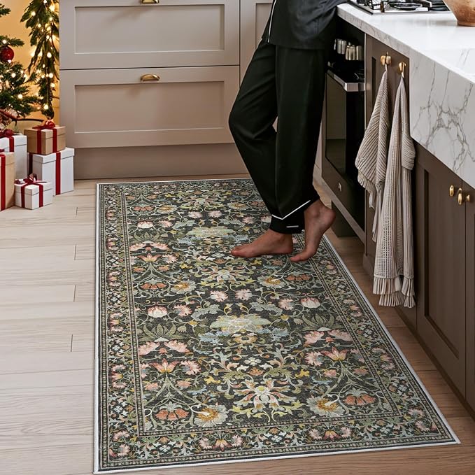 3x6 Washable Hallway Area Rugs: Vintage Floral Entryway Kitchen Runner Rug Ultra Soft Anti-Slip Beside Carpet Indoor Farmhouse Floor Mat for Bathroom Living Room Bedroom Durable Doormat(3x6,Green)