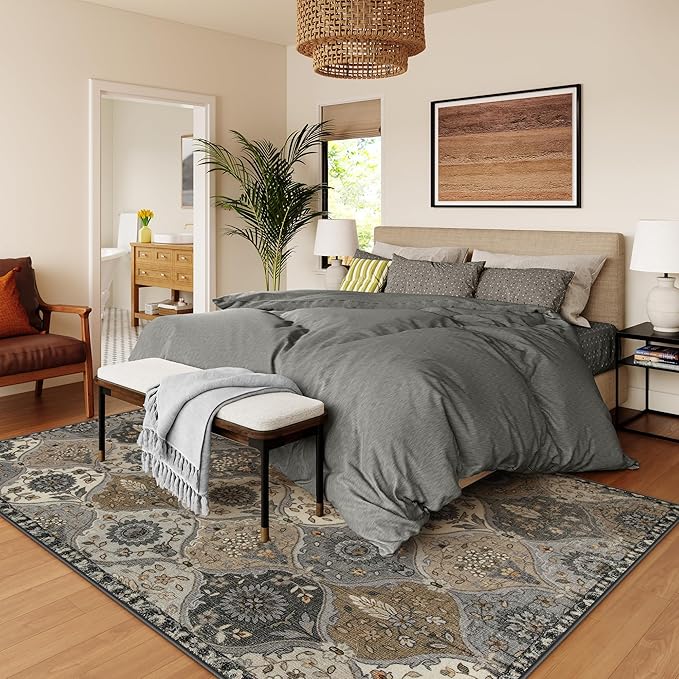 Lahome Moroccan Trellis 9x12 Rug for Living Room, Soft 9x12 Area Rug for Bedroom Dining Room, Ultra-Thin Non-Slip Non Shedding Distressed Throw Large Carpet for Office Elise, Grey