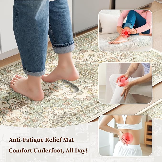 Boho Kitchen Mats for Floor 2 Piece Set Anti Fatigue Cushioned PVC Kitchen Rugs Non Slip Waterproof Farmhouse Mats 2/5 Inch Comfort Standing Mat for Laundry, 17.3"x47"+17.3"x28", Green Orange Beige