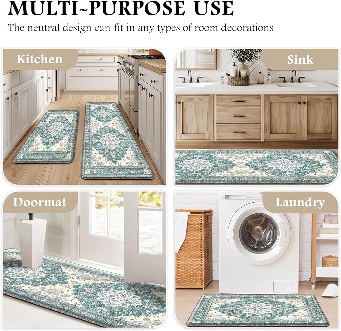 Boho Kitchen Mats for Floor 2 Piece Set Anti Fatigue Cushioned PVC Kitchen Rugs Non Slip Waterproof Farmhouse Mats 2/5 Inch Comfort Standing Mat for Sink, Laundry, 17.3"x59"+17.3"x28", Blue Green