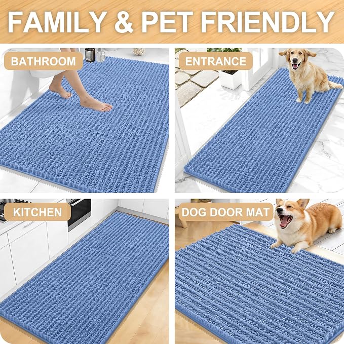 OLANLY Bathroom Rug Mat 59x35, Thick Soft and Absorbent Chenille Bath Mat, Non-Slip Rubber Backing, Machine Washable Quick Dry Bath Rugs for Tub Shower Floor, Home Decor Accessories, Cornflower Blue