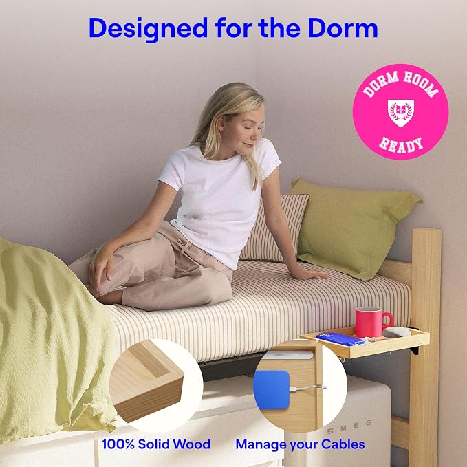BedShelfie Wood Bedside Shelf for Bunk Bed & Top Bunk, College Dorm Room Essentials, Loft Nightstand, Floating Bed Side Table Tray Storage, Dorm Room Decor By Smallish - (DormEssential Wood, Natural)