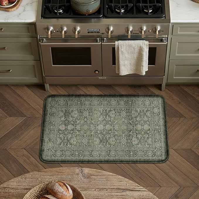 PureCozy Kitchen Mats 2PCS Anti Fatigue Cushioned Mat Green Vintage Kitchen Mats for Floor Waterproof Non Slip Comfort Standing Distressed Rug for Sink Laundry Office 17.3"x59"+17.3"x30"