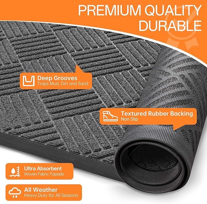 Indoor Outdoor Door Mat, 6’x 4' Doormat for Entryway, Rubber Backing Non Slip Front Door Mat Outside Entrance, Super Absorbent Commercial Floor Mat for Home Office, Gray