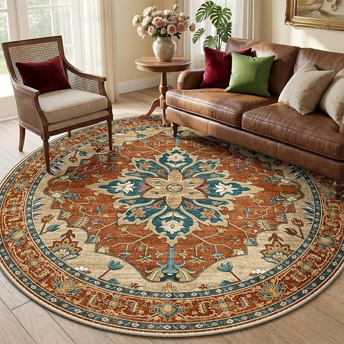 RELEANY Area Rugs Round 6ft Washable Non-Slip, Floral Vintage Distress Medallion Carpet for Living Room Bedroom Dining Room, Red Orange Blue Brown