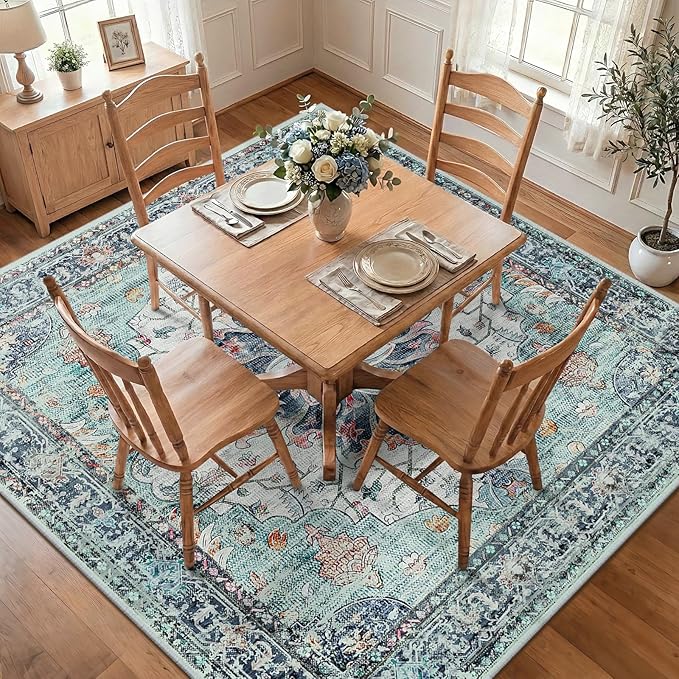 RELEANY Area Rugs Square 7ft Washable Non-Slip, Floral Vintage Distress Medallion Carpet for Living Room Bedroom Dining Room, Green Navy Blue White Red Teal