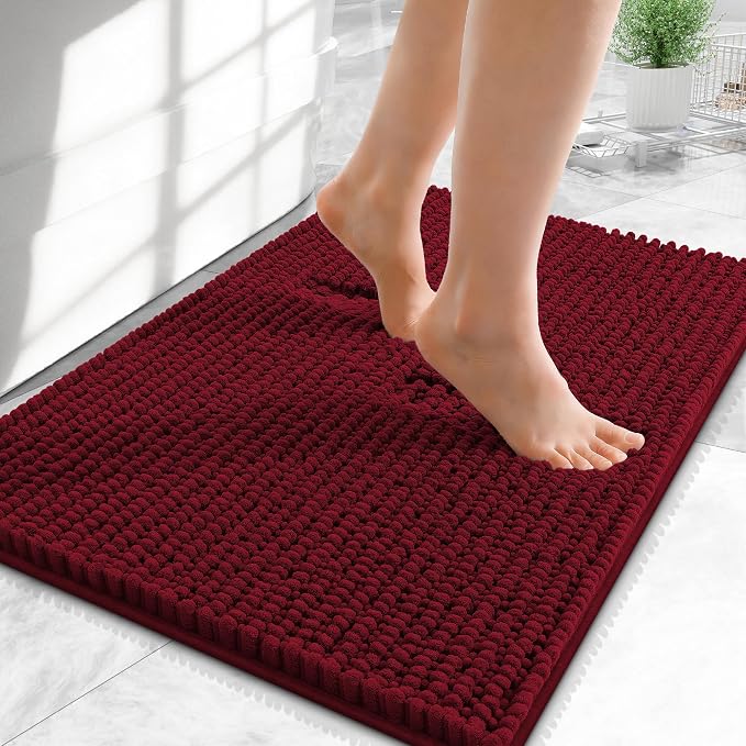 OLANLY Thick Small Bathroom Rugs 24x16, Extra Soft Absorbent Chenille Bath Rugs, Rubber Backing, Machine Wash Dry, Bath Mats for Bathroom Floor, Tub and Shower, Home Decor Accessories, Burgundy