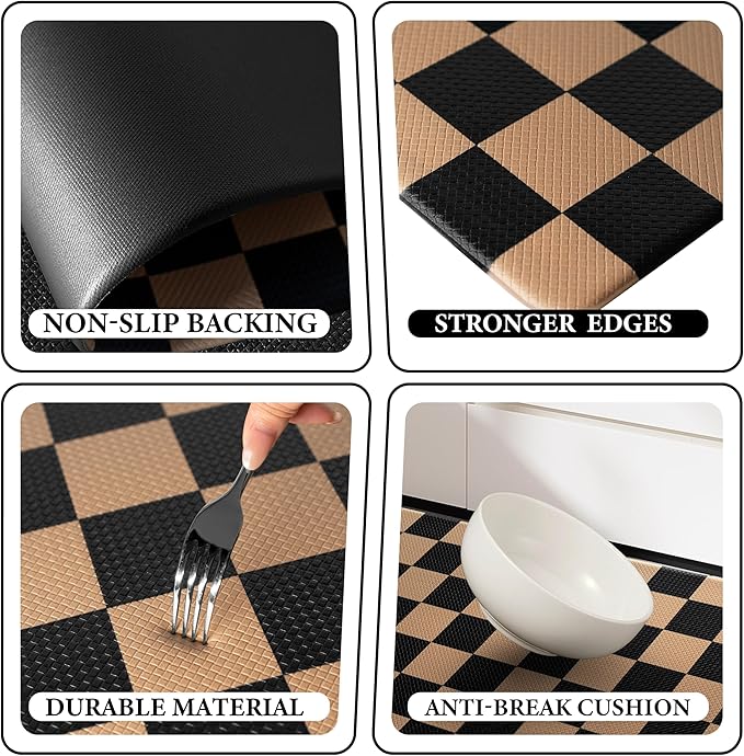 Black Brown Checkered Grid Checkerboard Kitchen Rug Sets [2 PCs], Anti-Fatigue, Waterproof Non-Slip Kitchen Mats Heavy Duty Comfort Foam Rug for Kitchen, Floor, Home, Laundry,17"x29"+17"x47"