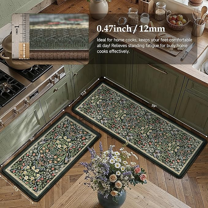 PureCozy Kitchen Mats for Floor 2PCS Anti Fatigue Cushioned Mat Non Slip Comfort Kitchen Rugs Vintage Floral Waterproof Standing Dark Green Mat for Sink Laundry Office Desk 17.3"x59"+17.3"x30"