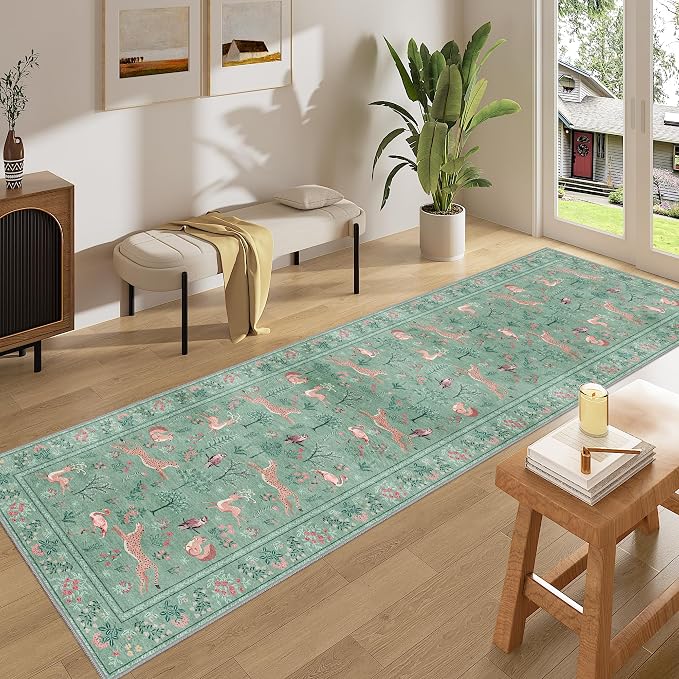 DUKINO Runner Rug, 2x8 Washable Kitchen Rugs for Hallways with Non Slip Backing, Soft Low Pile Vintage Animal Runner for Kitchen, Hallway, Entryway, Laundry, Bedroom, Teal