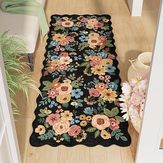 DUKINO 2x5 Washable Runner Rugs, Non Slip Floral Print Entryway Rug with Soft Low Pile, Lightweight Mat for Living Room, Bathroom, Bedroom, Kitchen, Black