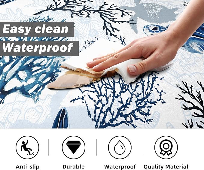 Coastal Beach Kitchen Floor Mat Rugs Nautical Decorative Coral Sea Turtle Kitchen Rugs Anti Fatigue Mats Non-Slip Comfort Standing Cushioned for Kitchen 17.3" 28" + 17.3" x 47" Set 2 Pcs Navy Blue