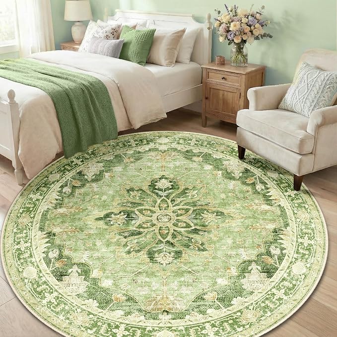 RELEANY Area Rugs Round 6ft Washable Non-Slip, Floral Vintage Distress Medallion Carpet for Living Room Bedroom Dining Room, Sage Green Yellow