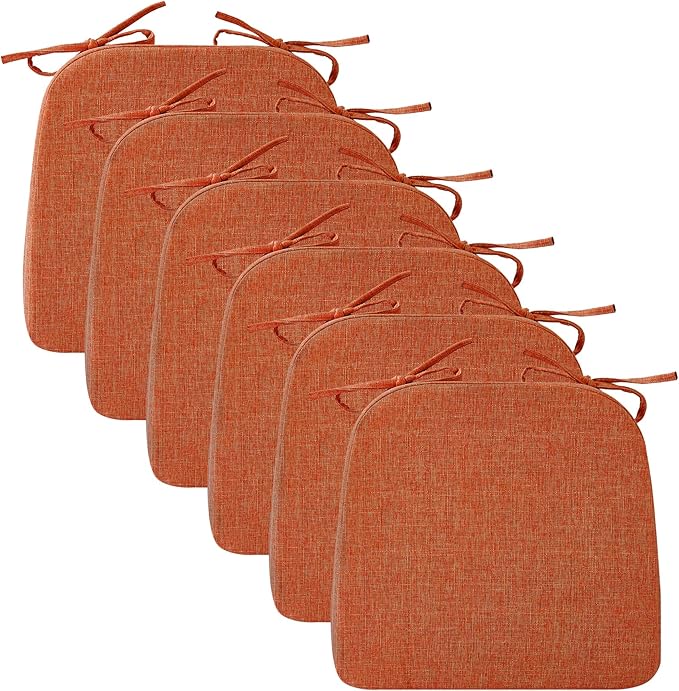 Ruqmuis Chair Cushions for Dining Chairs, 2" Thick Seat Cushions for Kitchen Chairs, D-Shaped Chair Pads with Washable Cover, Ties and Non Slip Backing, 17'' x 16'', Set of 6, Orange