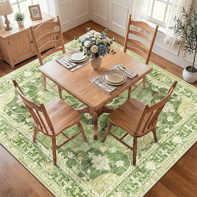 RELEANY Area Rugs Square 7ft Washable Non-Slip, Floral Vintage Distress Medallion Carpet for Living Room Bedroom Dining Room, Sage Green Yellow