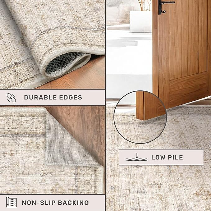 Hazo Haus Washable Ivory Beige Living Room Rug, 8x12 Non Slip Area Rugs for Bedroom, Dining Room Under Table, Low Pile Neutral Farmhouse Vintage Foldable Décor