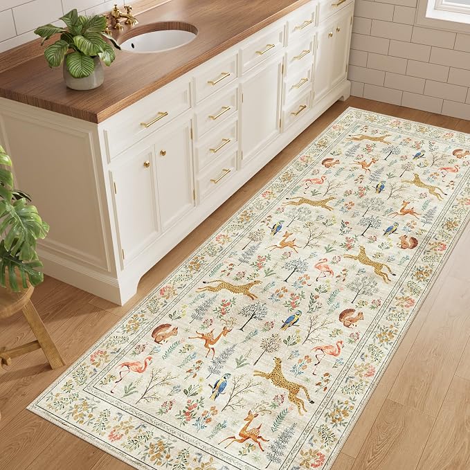 DUKINO 3x6 Washable Runner Rug, Low Pile Animal Print Non Slip Runner Rug for Kitchen, Lightweight & Non Shedding Indoor Carpet for Hallway, Kitchen, Entryway, Bathroom, Laundry, Beige