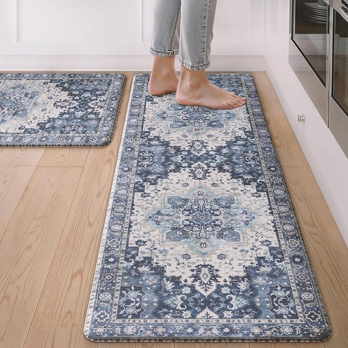 GENIMO Kitchen Mats for Floor 2PCs, Washable Anti Fatigue Mat for Cushioned, 17.3"x47"+17.3"x30", Waterproof Kitchen Rugs, Non Slip Comfort Standing Mat Rug for Home, Sink, Laundry, Soft Blue Violet