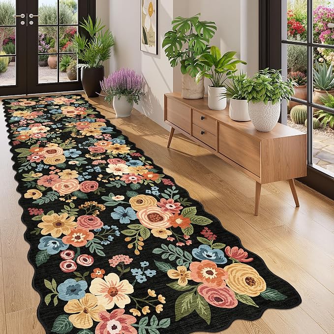 DUKINO 3x10 Washable Runner Rug, Non Slip Floral Ultra Soft Runner for Hallway, Lightweight Low Pile & Stain Resistant Long Throw Carpet for Kitchen, Bathroom, Entrance, Bedroom, Kids Room, Black