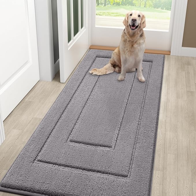 Smiry Dog Door Mat for Muddy Paws, Absorbs Moisture and Dirt, Low-Profile Entryway Mat with Non-Slip Backing, Entry Indoor Outdoor Doormat for Inside Floor (48x30 Inches, Grey, Bordered)