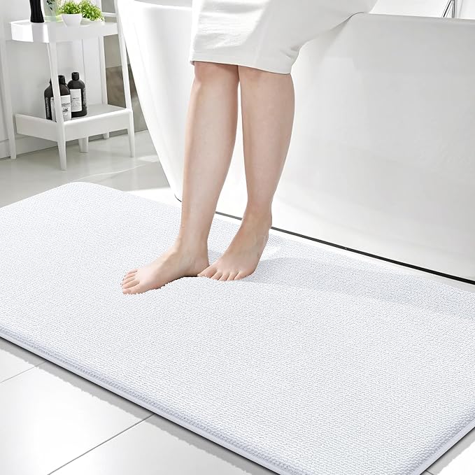 OLANLY Thick Memory Foam Bathroom Runner Rugs 59x24, Extra Soft Absorbent Long Bath Rug, Quick Dry Bath Mats, Non-Slip, Machine Washable Mat for Bathroom, Tub and Shower, Home Decor Accessories, White