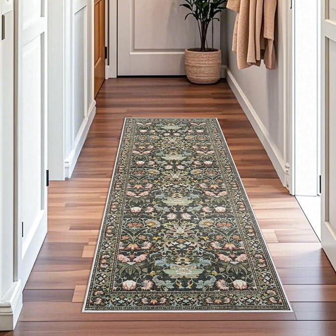 2x6 Washable Hallway Runner Rug: Vintage Floral Kitchen Rugs with Non-Slip Backing Low Pile Water Resistant Carpet for Living Room Bedroom Soft Floor Mat for Bathroom Laudry Dining Room(2x6,Green)