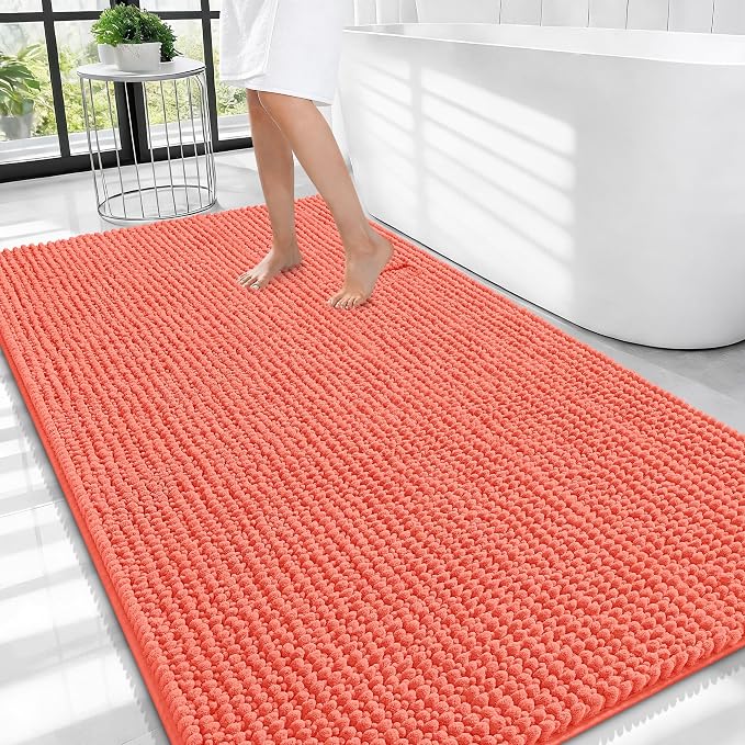 OLANLY Thick Large Bathroom Rugs 44x32, Extra Soft Absorbent Chenille Bath Rugs, Rubber Backing, Machine Wash Dry, Bath Mats for Bathroom Floor, Tub and Shower, Home Decor Accessories, Coral