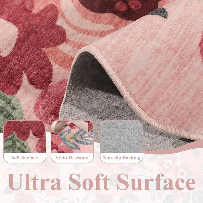 DUKINO 2x5 Washable Runner Rugs, Non Slip Floral Print Entryway Rug with Soft Low Pile, Lightweight Mat for Living Room, Bathroom, Bedroom, Kitchen, Pink