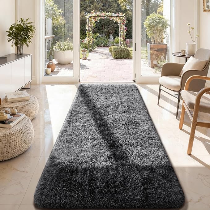Ophanie Runner Rug for Hallway, 3x8 Washable Non-Slip Fluffy Soft Bedside Rugs, Bedroom Living Room Shaggy Carpet for Kids Girls Boys Dorm Nursery Home Decor Aesthetic, Grey