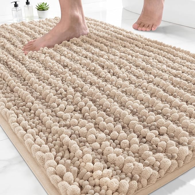Yimobra Bathroom Rugs Non Slip Washable - Ultra Soft Absorbent Chenille Bath Mat, Quick Dry Shaggy Floor Carpet for Tub Shower, Light Brown Home Decor Accessories, 24x17 Inch
