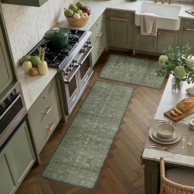 PureCozy Kitchen Mats 2PCS Anti Fatigue Cushioned Mat Green Vintage Kitchen Mats for Floor Waterproof Non Slip Comfort Standing Distressed Rug for Sink Laundry Office 17.3"x59"+17.3"x30"