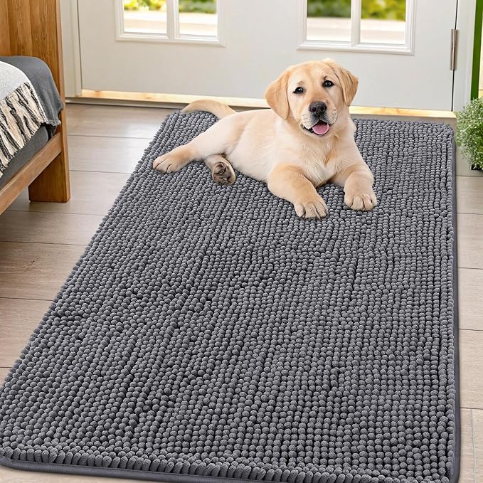 Smiry Dog Door Mat for Muddy Paws 44x32, Absorbent Dirt Trapper, Non-Slip Washable Chenille Entryway Rug for Inside Floor, Dark Grey, Classic Solid