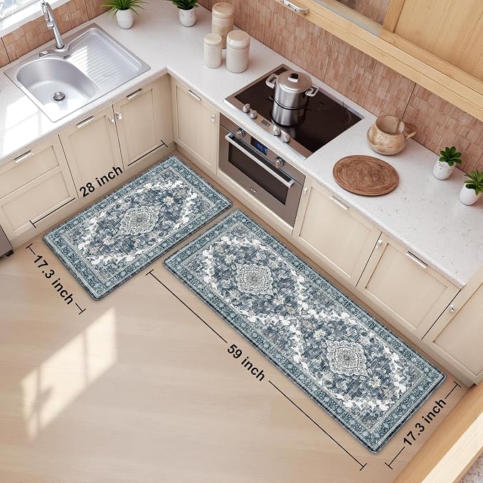 Boho Kitchen Mats for Floor 2 Piece Set Anti Fatigue Cushioned PVC Kitchen Rugs Non Slip Waterproof Farmhouse Mats 2/5 Inch Comfort Standing Mat for Sink, Laundry, 17.3"x59"+17.3"x28", Dark Blue
