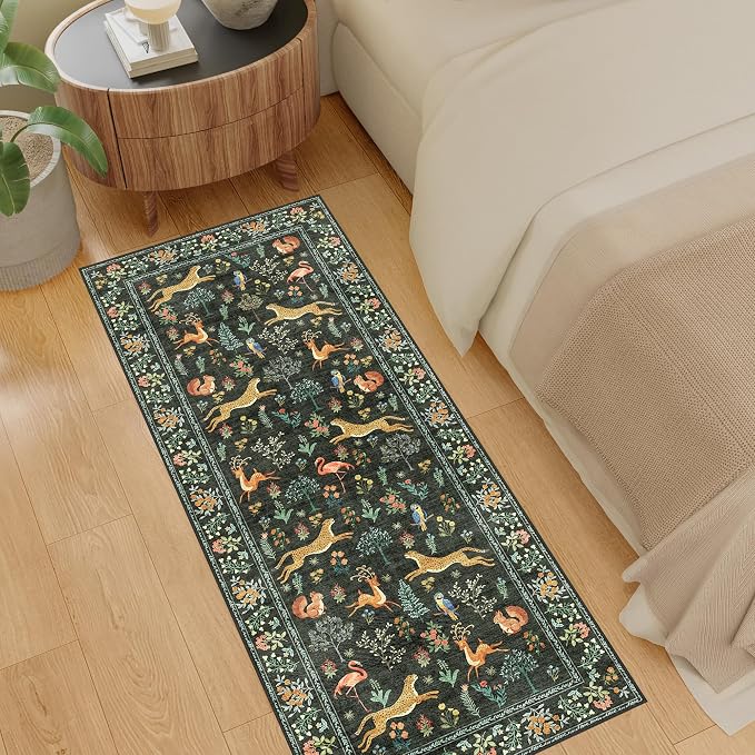DUKINO 2x5 Rug for Hallway, Washable Kitchen Runner Rug with Non Slip Backing, Soft Low Pile Vintage Animal Runner for Bedroom, Kitchen, Hallway, Entryway, Laundry, Black