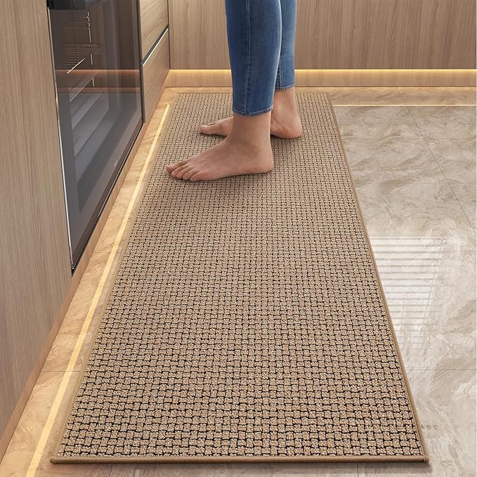 Kitchen Mats for Floor, Super Absorbent Kitchen Rugs Non Slip Washable, Rubber Backing Soft Braided Standing Kitchen Sink Mat Kitchen Runner Rug, Front of Sink, Easy to Clean, Khaki 17"x47"