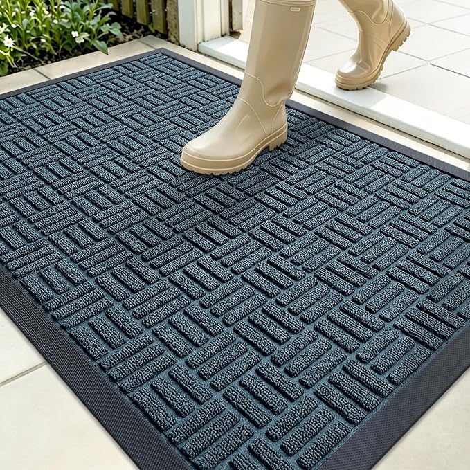 OLANLY Front Door Mat Outside Entrance 35x23, Absorbent, Heavy Duty Sturdy Natural Rubber Doormat Indoor Outdoor, Non-Slip, Stain and Fade Resistant, Low Profile Floor Mat for Entryway, Lake Blue