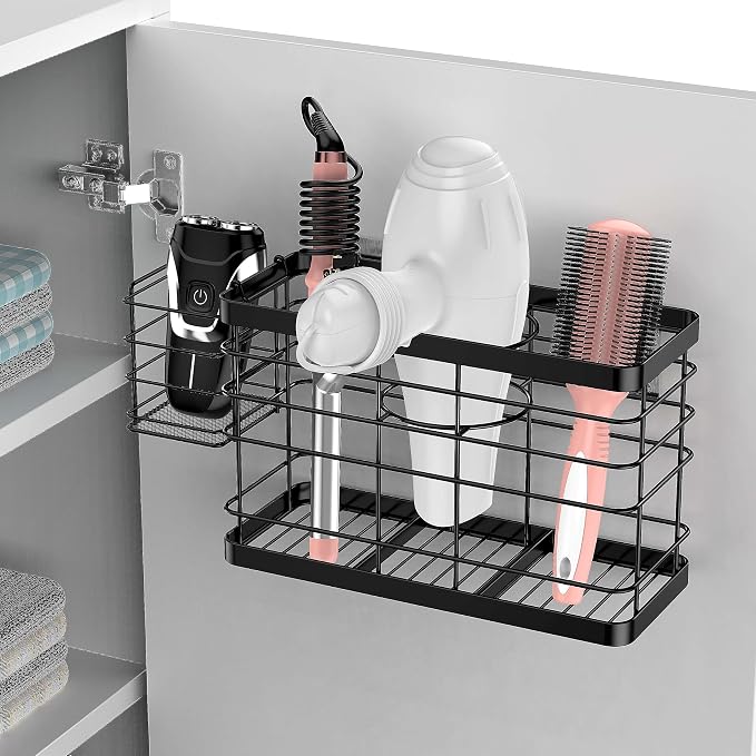 Hair Tool Organizer - Black Steel Wall Mounted Hair Dryer Holder with Removable Basket, 10.62"L x 4.33"W x 6.69"H, Ideal for Small Bathrooms