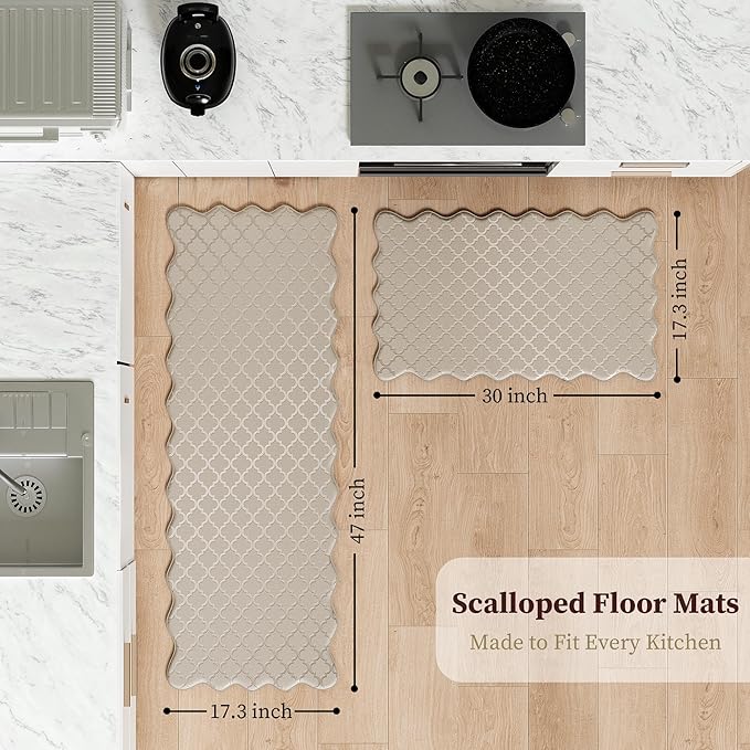 Arenarug Upgrade Scalloped Embossed Kitchen Mats for Floor 2PCS Cushioned Anti Fatigue Waterproof Foam Kitchen Rugs Non Slip Washable Comfort Standing Mat for Sink Laundry,17.3"x30"+17.3"x47",Khaki