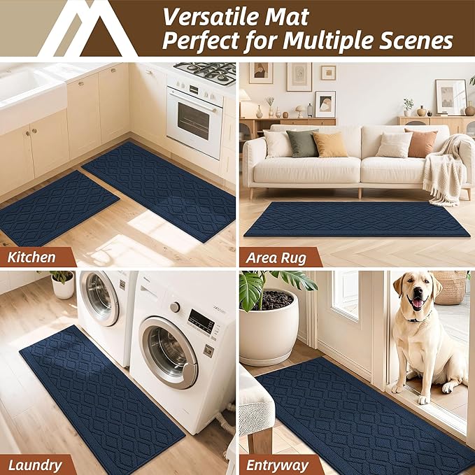 COSY HOMEER 48x20Inch/30X20Inch Kitchen Rugs Sets Non-Slip Washable Kitchen Mats for Floor Polypropylene Absorbent Kitchen Runner for Kitchen Sink Hallway Entryway,Navy Blue