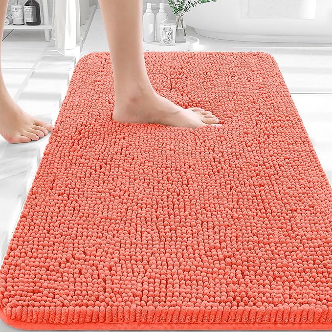 OLANLY Bathroom Rugs 36x24, Extra Soft Absorbent Chenille Bath Rugs, Rubber Backing Quick Dry, Machine Washable Bath Mats for Bathroom Floor, Tub and Shower, Home Decor Accessories, Coral