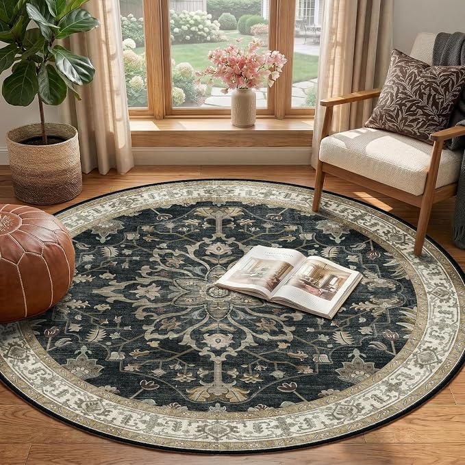 RELEANY Area Rugs Round 4ft Washable Non-Slip, Floral Vintage Distress Medallion Carpet for Living Room Bedroom Dining Room, Vintage Black Brown Neutral