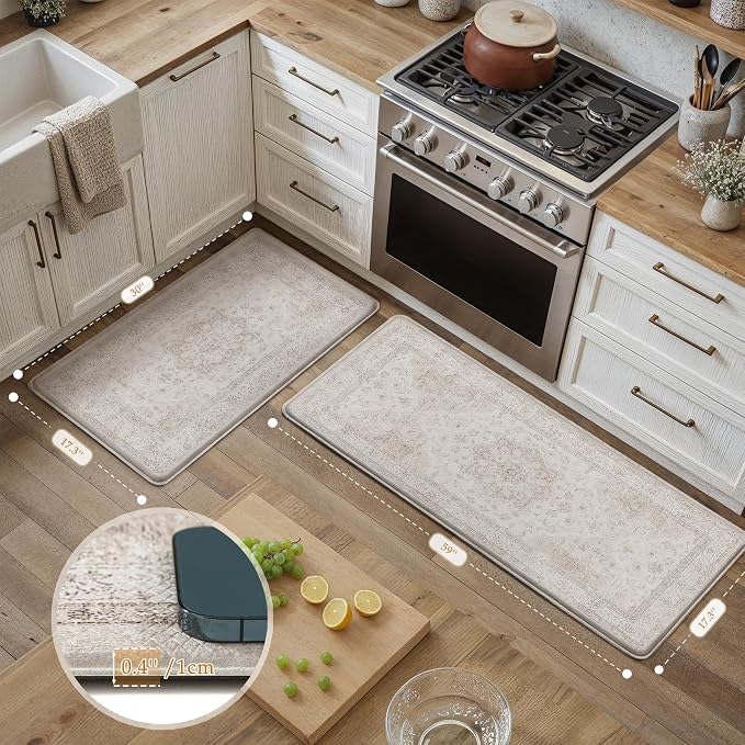 PureCozy Kitchen Mats 2PCS Anti Fatigue Cushioned Mat Beige Vintage Kitchen Mats for Floor Waterproof Non Slip Comfort Standing Oriental Medallion Rug for Sink Laundry Office 17.3"x59"+17.3"x30"