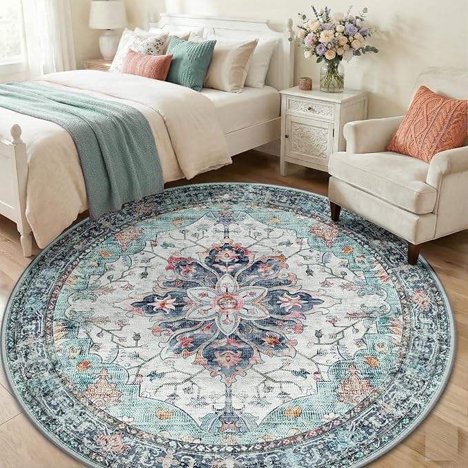 RELEANY Area Rugs Round 6ft Washable Non-Slip, Floral Vintage Distress Medallion Carpet for Living Room Bedroom Dining Room, Green Navy Blue White Red Teal
