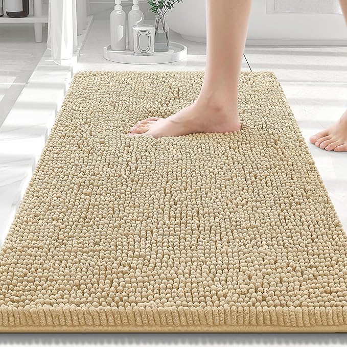 Smiry Luxury Chenille Bathroom Rugs 30x20, Extra Soft and Absorbent Shaggy Bath Mat, Machine Washable, Non-Slip Plush Carpet Runner for Tub, Shower, and Floor, Home Decor Accessories, Beige