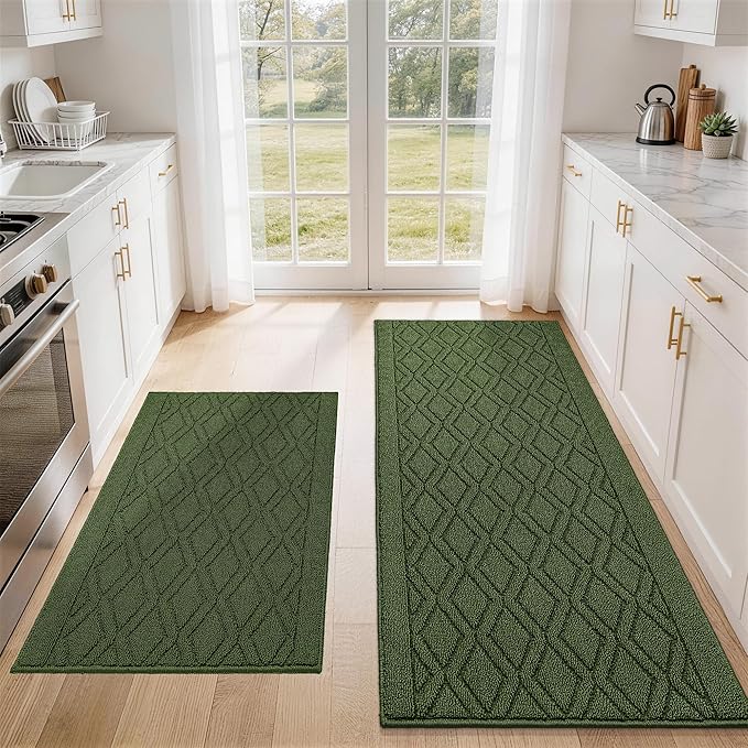 COSY HOMEER 60x24Inch/35X24Inch Kitchen Rugs Sets Non-Slip Washable Kitchen Mats for Floor Polypropylene Absorbent Kitchen Runner for Kitchen Sink Hallway Entryway(Green)
