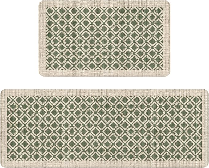 Sage Green Vintage Geometric Elegance Grid Kitchen Rug Sets [2 PCs], Anti-Fatigue, Waterproof Non-Slip Kitchen Mats Heavy Duty Comfort Foam Rug for Kitchen, Floor, Laundry,17"x29"+17"x47"