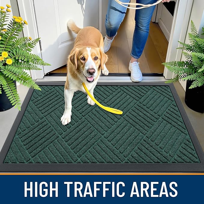 OLANLY Front Door Mat Outside Entrance 47x32, Absorbent, Heavy Duty Sturdy Natural Rubber Doormat Indoor Outdoor, Stain Fade Resistant, Non-Slip Low Profile Floor Mat for Entryway, Black Green Diamond