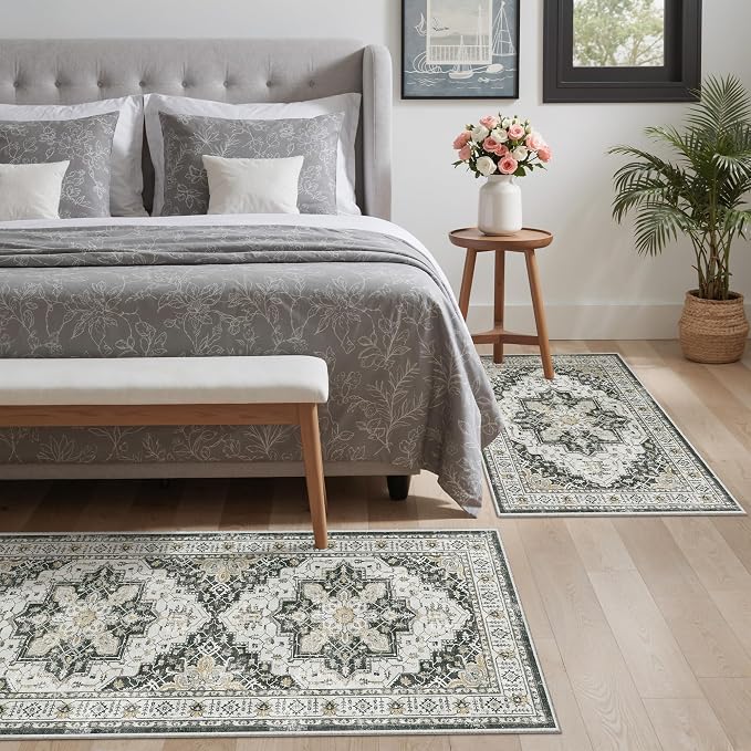 Madane 2-Piece Kitchen Runner Rug Set, Small Area Rug Non-Slip Vintage Door Mat Indoor Entrance, Low Pile Floor Carpet for Inside Front Door Bedroom Entryway Entry Laundry (2x3+2x4, Black)