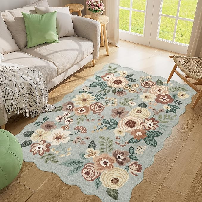 DUKINO 4x6 Area Rug, Floral Non-Slip Indoor Washable Rug with Low Pile & Non-Shedding, Lightwight Boho Design Carpet for Entryway, Bedroom, Kids Room, Living Room, Kitchen, Sage Green