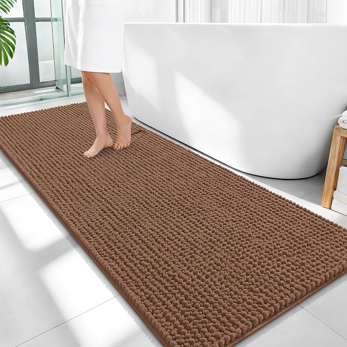 OLANLY Thick Bathroom Runner Rugs 59x24, Extra Soft Absorbent Chenille Bath Rugs, Rubber Backing, Machine Wash Dry, Long Bath Mats for Bathroom Floor, Tub and Shower, Home Decor Accessories, Mocha